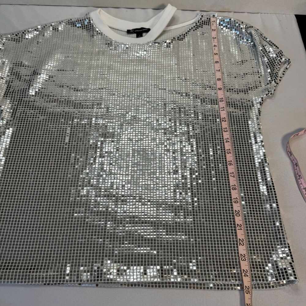 INC International Concepts Sequin Mesh Top Silver Shimmer Party Blouse L - Picture 7 of 10